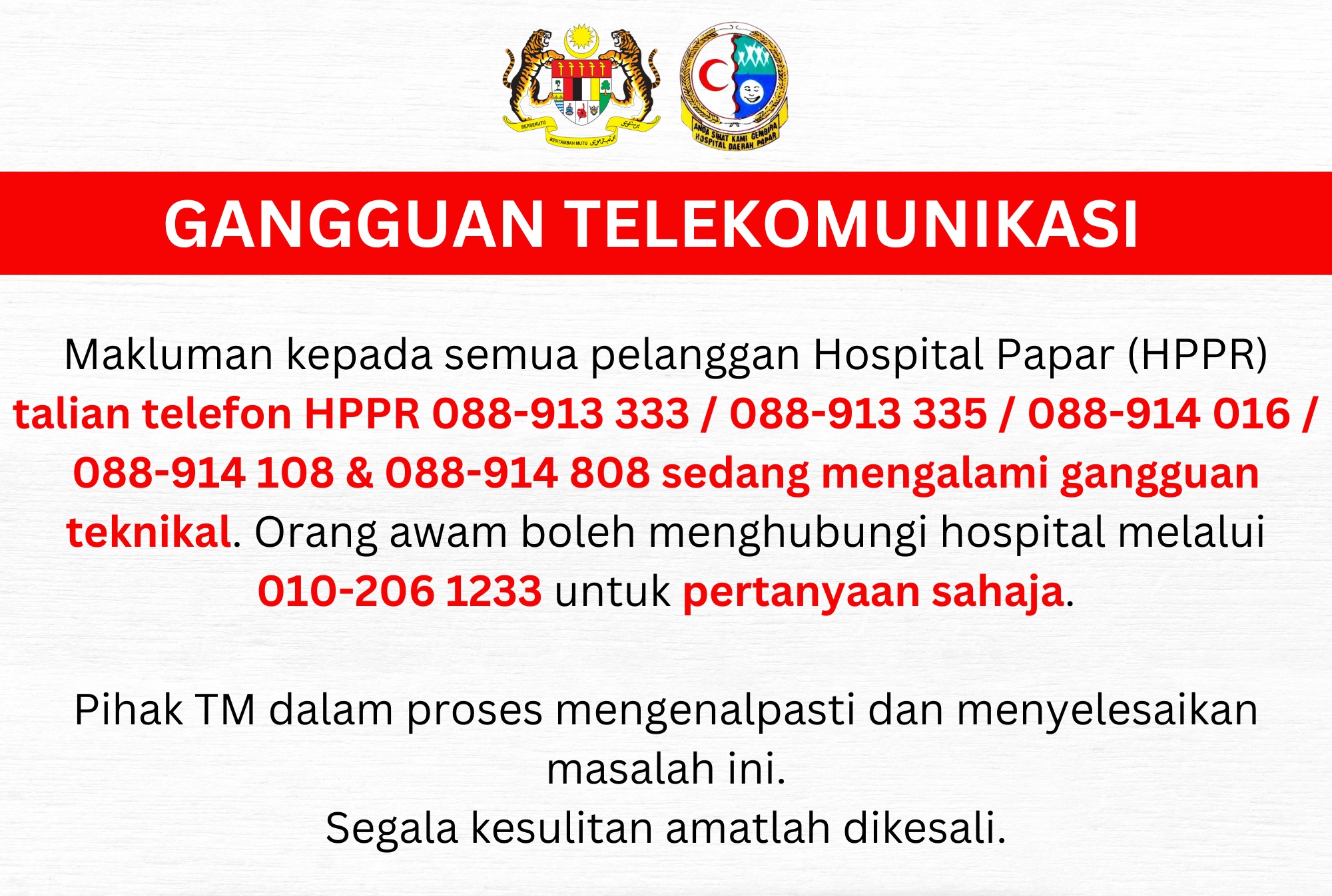 hospital papar telefon