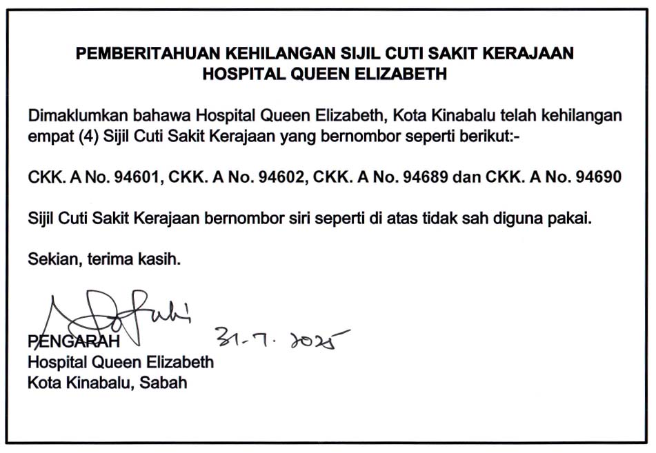 NOTIS PEMBERITAHUAN KEHILANGAN SIJIL CUTI SAKIT KERAJAAN